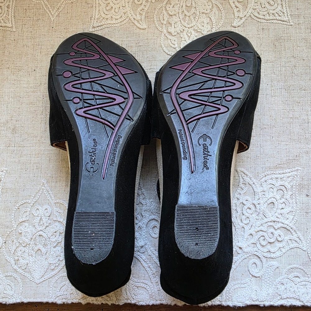 Earthies Veria Too Wedge Sandals 8.5 Black Suede Pleated T-Strap Peep Toe Shoes - Picture 3 of 11